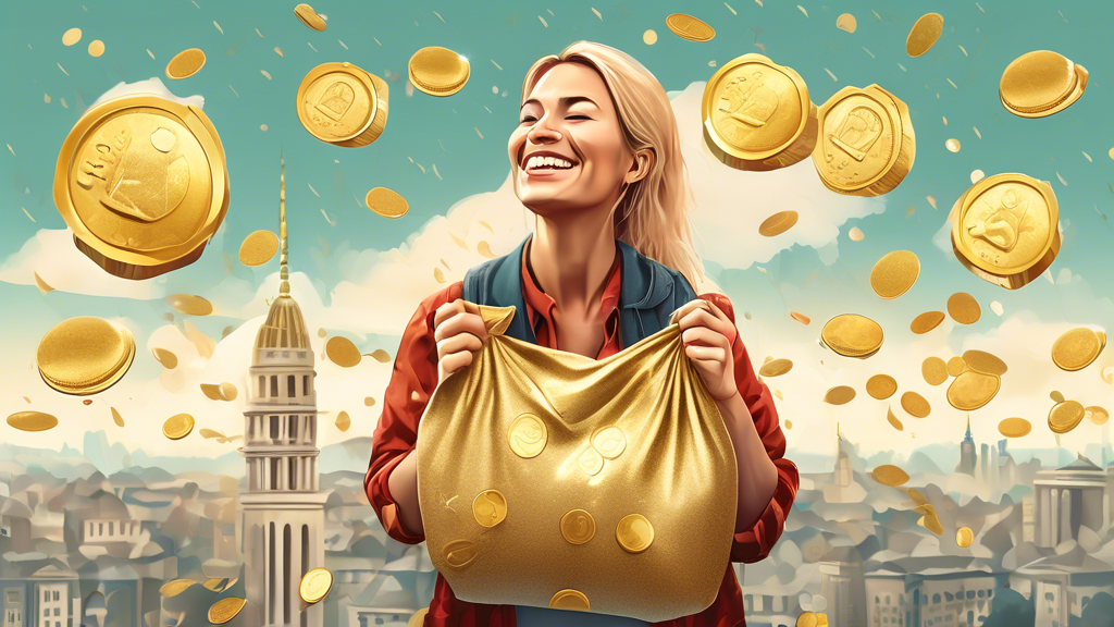 Digital illustration of a blissful person holding oversized country-shaped money bags with iconic landmarks from top 10 countries in the background, under a sky raining gold coins.