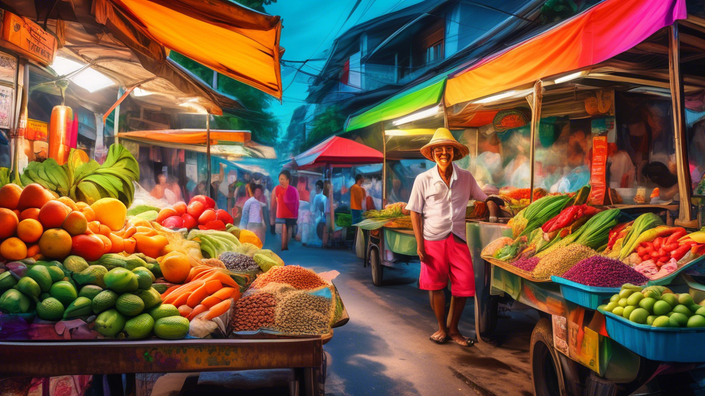 A vibrant street food stall in Phuket, Thailand, piled high with colorful and exotic fruits, vegetables, and spices, with a smiling vendor in the background.