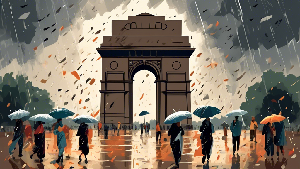 A dramatic scene of intense gale and heavy rain lashing the India Gate in Delhi, with people struggling with their umbrellas amidst flying leaves and debris, under dark, swirling storm clouds.