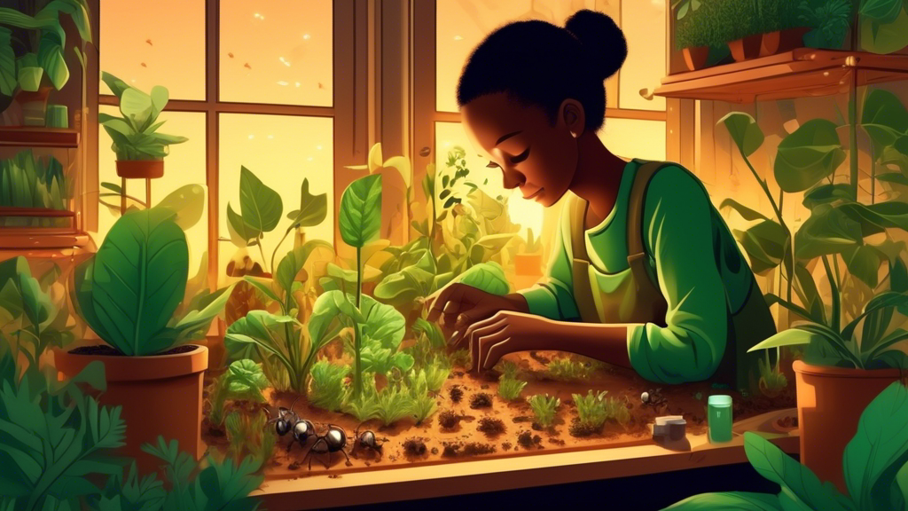 Detailed illustration of a person with a green thumb gently constructing a sustainable, eco-friendly ant farm, surrounded by various plants and recycling materials, under the warm glow of the sun.