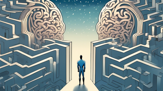 a person standing at the edge of a maze shaped like a brain, looking at a mirror showing a superhero version of themselves, under a sky filled with question marks