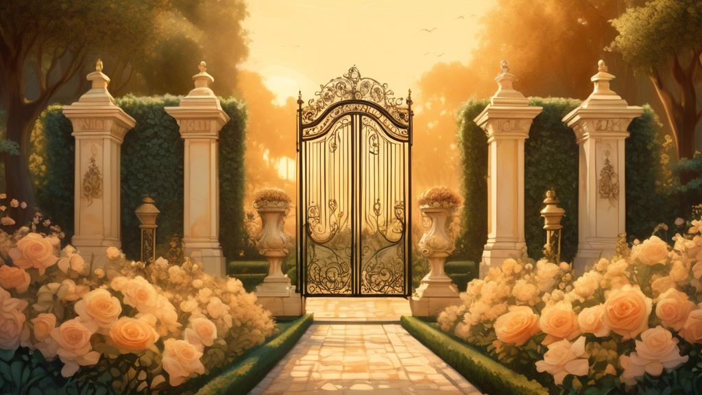 An enchanting, lesser-known garden inspired by Versailles, bathed in soft golden sunset light, with intricate flower arrangements, magnificent fountains, and perfectly trimmed hedges, as seen through an ornate wrought iron gate.
