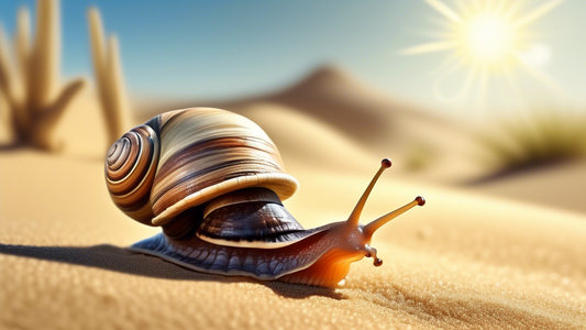 A happy garden snail wearing a straw hat to protect itself from the sun while leaving a slime trail across dry desert sand