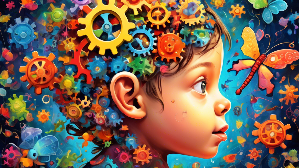 A child's head open like a puzzle box, with colorful gears turning inside representing different languages and interconnected thought bubbles floating out.