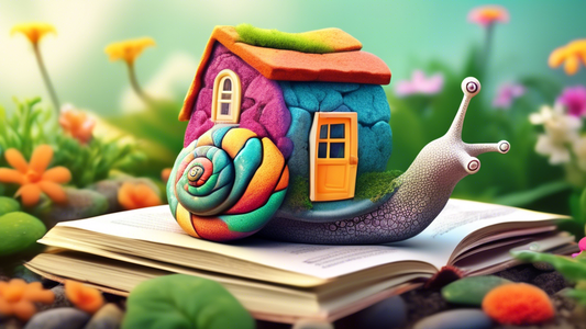 A happy snail with a tiny house on its back, made of colorful rocks, in a lush garden.