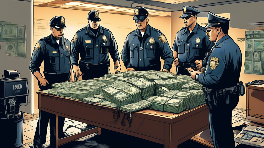 Detailed illustration of a law enforcement team investigating a counterfeit money operation, with an emphasis on high-tech equipment and teamwork, no brands or identifiable details.