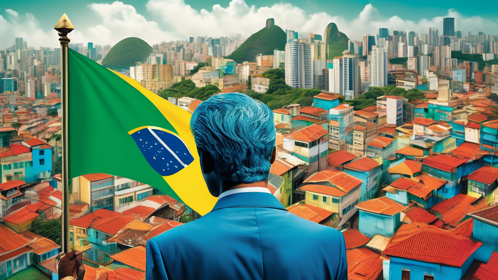 A scale of justice with a Brazilian flag on one side and a foreign businessman on the other, with a cityscape of Brazilian buildings in the background.