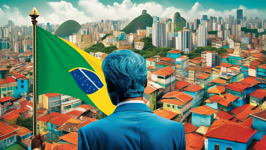 A scale of justice with a Brazilian flag on one side and a foreign businessman on the other, with a cityscape of Brazilian buildings in the background.