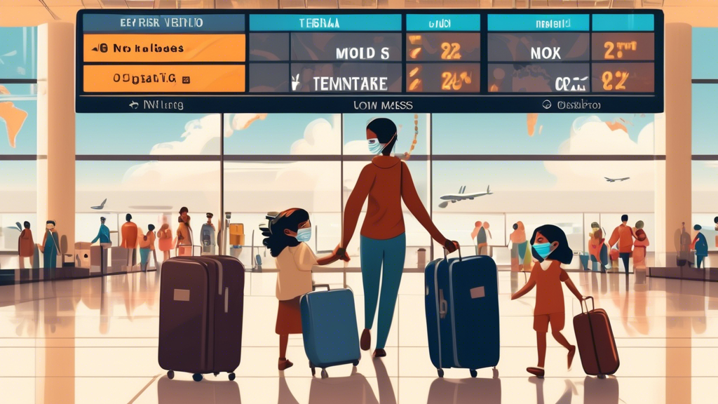 A family wearing masks joyfully pulling their suitcases through an international airport terminal, with a digital departure board in the background displaying various global destinations.