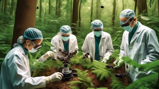 A group of scientists in lab coats observing ants through magnifying glasses in a lush forest, with detailed ant pathways and various observation equipment scattered around.