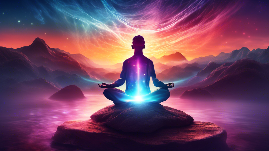 a serene landscape at sunset featuring a person meditating on a rock, with vibrant energy waves flowing from their mind into the universe, symbolizing the concept of manifestation