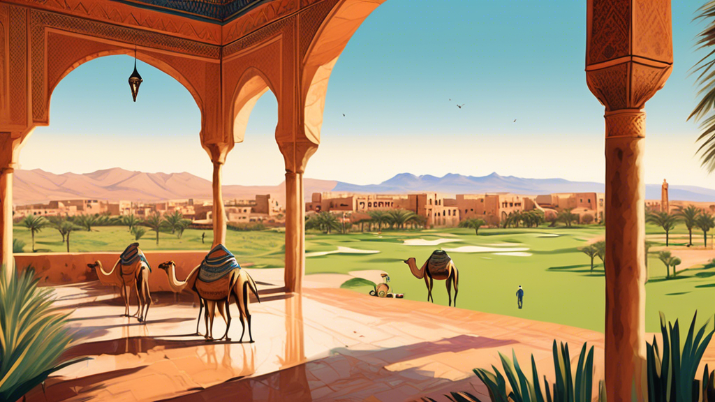 A picturesque golf course nestled between the Atlas Mountains and traditional Moroccan architecture in Marrakech, with camels roaming in the foreground and a panoramic view towards the coastal cities of Essaouira and Agadir.