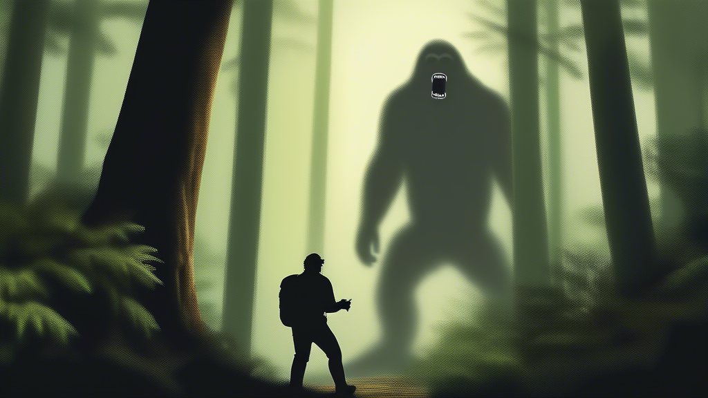 An astonished hiker photographing a Bigfoot sighting in the lush forests of Ohio, with the mysterious creature peeking from behind a tree.