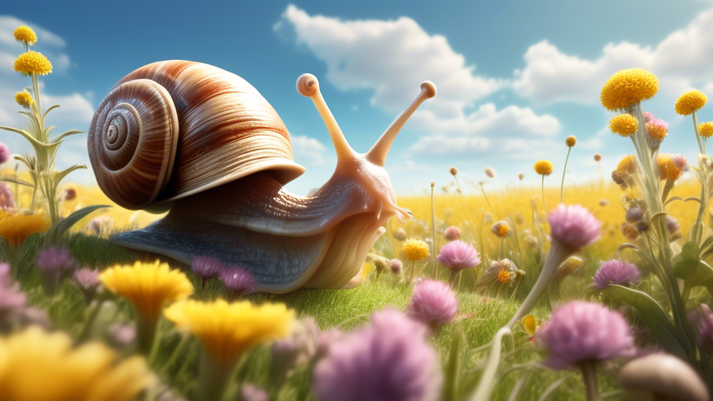 A happy snail wearing a straw hat tending to rows of prairie flowers in a vast field beneath a sunny sky
