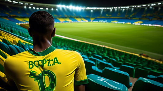 A vibrant yellow Brazil soccer jersey with green trim, draped over a stadium seat, illuminated by a spotlight, with a faint image of the Copa America 2024 logo in the background.