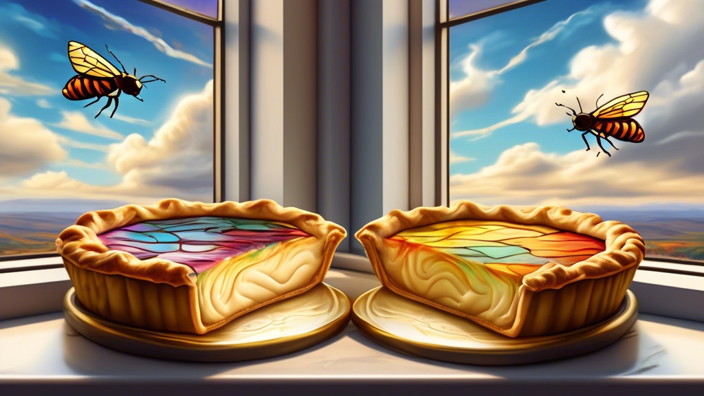 Two freshly baked pies emitting a swirling golden aroma on a windowsill with a view of a cloudy sky.