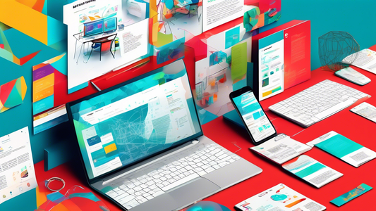 A stylized digital workspace with a computer screen displaying colorful wireframes and code, surrounded by floating web design elements like color swatches, typography samples, and responsive device m