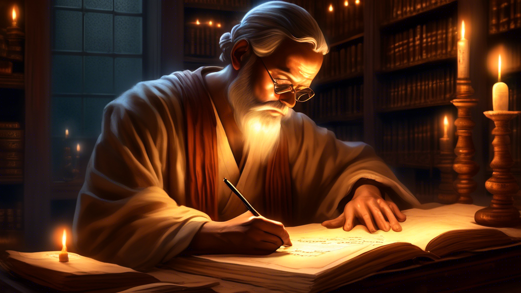 An ancient scholar writing profound philosophy on parchment in a serene library, with visible beads of sweat on his forehead, illuminated by a soft candlelight.