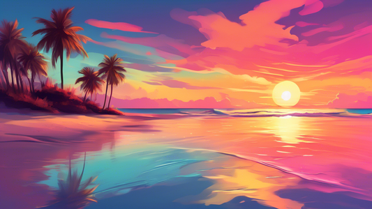 A serene beach landscape at sunset with gentle waves rolling onto the shore, reflecting the vivid colors of the sky.