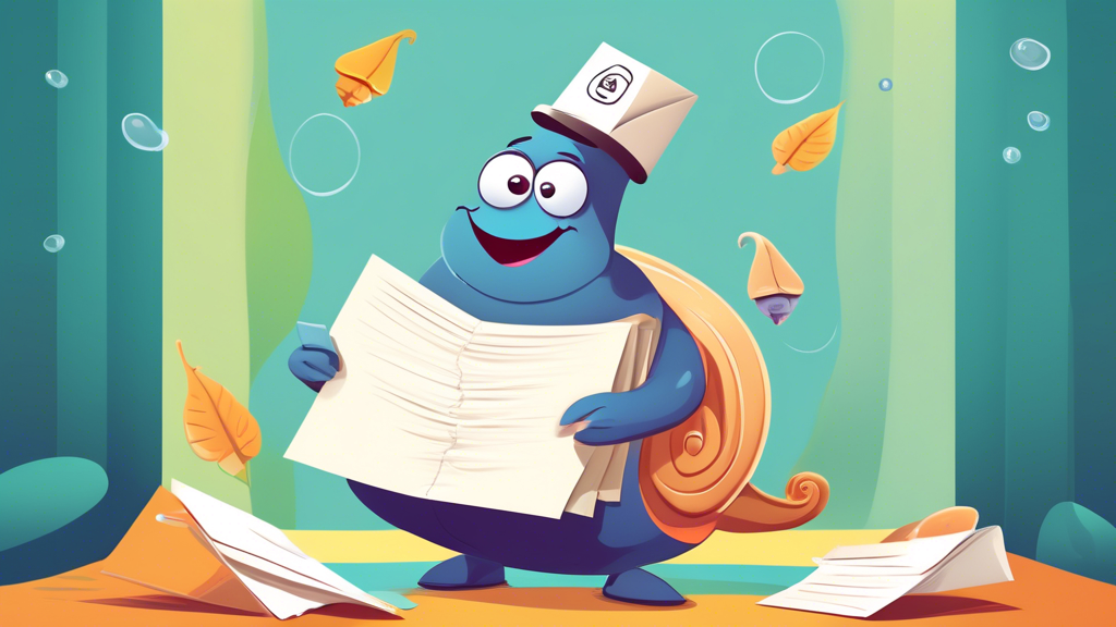 A snail wearing a mail carrier uniform, looking distraught while holding a large stack of envelopes