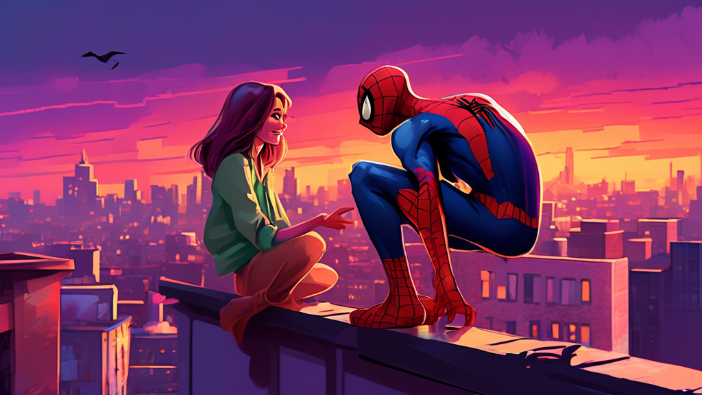 Create a colorful illustration of Spiderman and an original character named Sophie Rain having a friendly conversation on a rooftop overlooking a bustling cityscape at sunset.