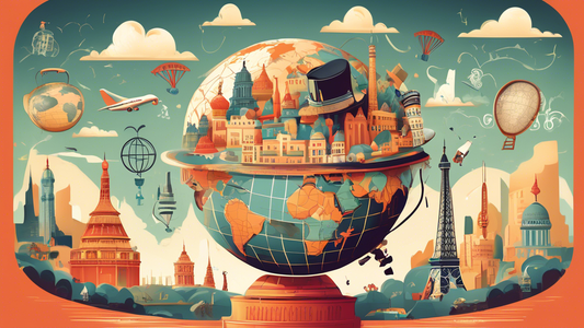 A whimsical illustration of a globe wearing a detective hat, surrounded by question marks and iconic landmarks from around the world, like the Eiffel Tower, Taj Mahal, and the Great Wall of China, symbolizing curiosity and the quest for travel knowledge.