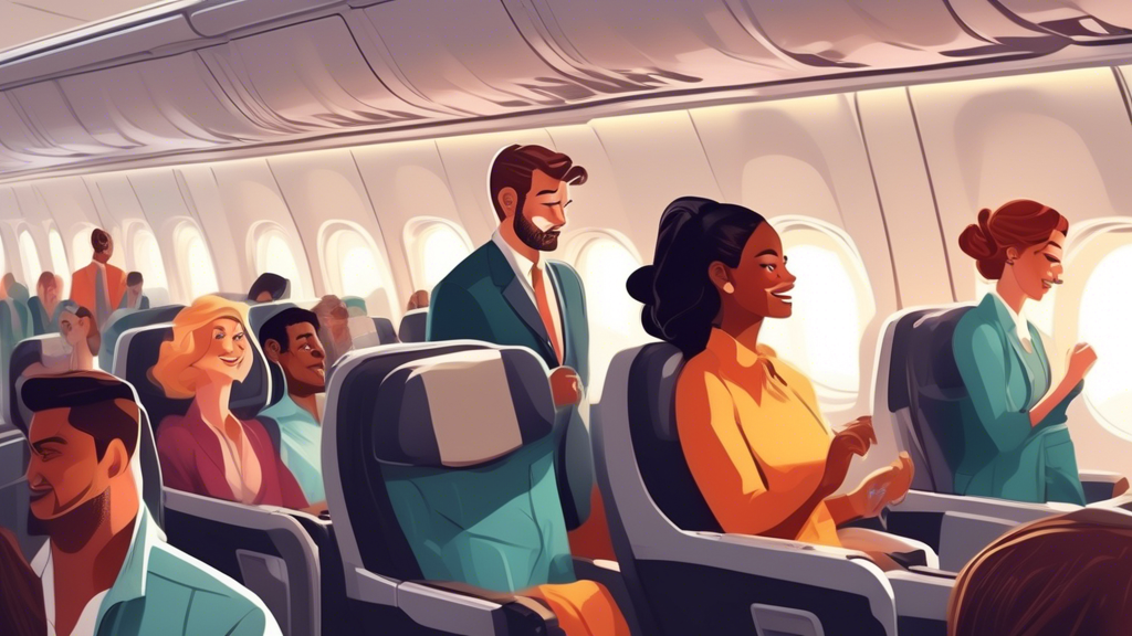 Digital illustration of passengers politely negotiating their preferred seats (aisle, window, and middle) in an airplane cabin, showcasing positive etiquette and diverse personalities.