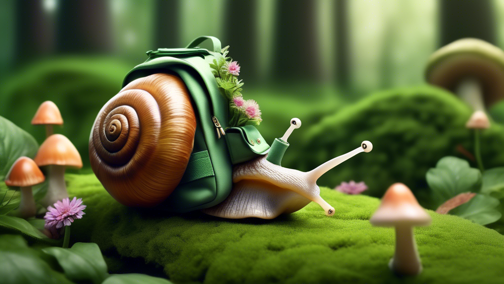 A snail wearing a tiny backpack exploring a lush, green park with giant mushrooms and flowers