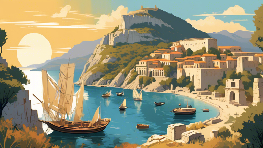 A scenic illustration of a round trip journey encompassing the dramatic landscapes, ancient ruins, and coastal views of Epirus, with travelers exploring diverse attractions on foot, by car, and by boat, under the bright, Mediterranean sun.