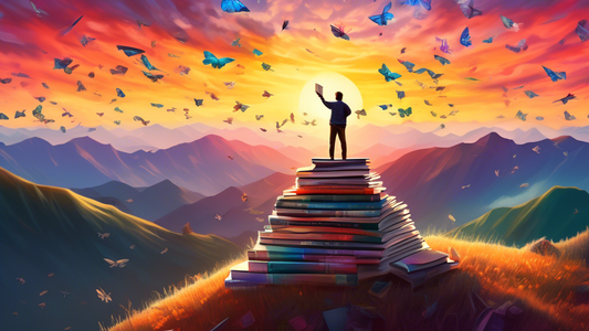 A lone writer celebrates atop a mountain of books, holding a shining self-published book and gazing at a majestic sunrise.