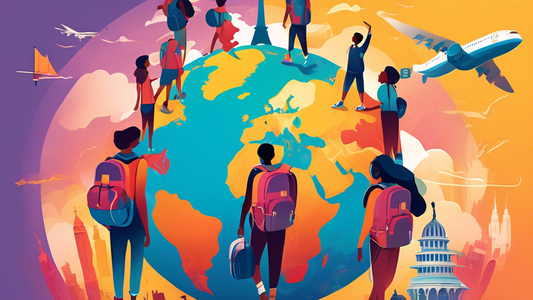 A vibrant illustration of diverse students with backpacks standing on a globe, surrounded by iconic landmarks, illustrating 3Musafir’s mission of empowerment through travel.