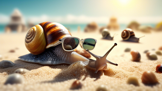 A snail wearing sunglasses on a sunny beach with lots of other snails in the background