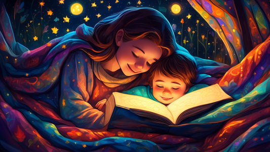 A parent and child cuddled together under a blanket, illuminated by a book glowing with magical creatures and starry nights.