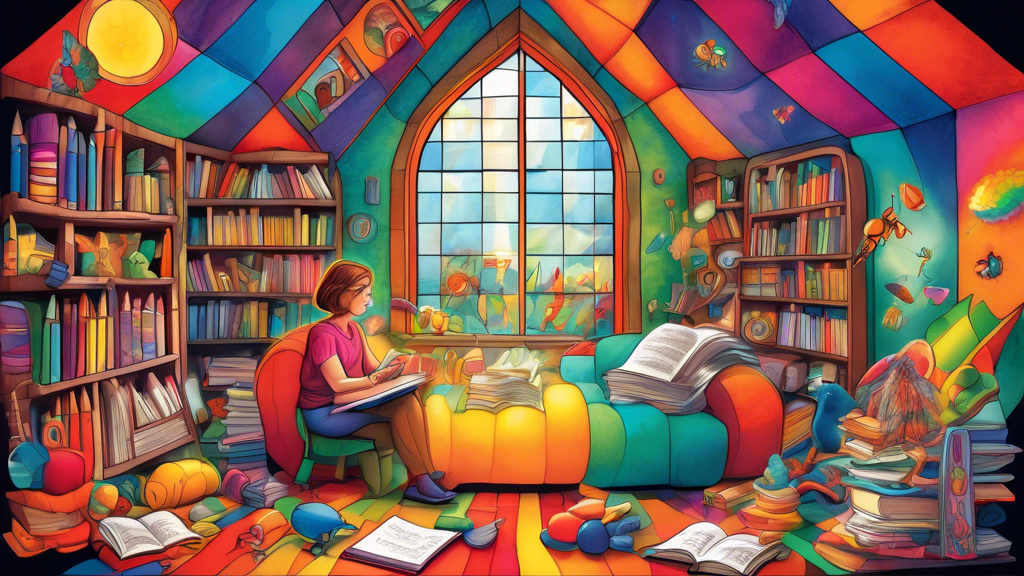 A whimsical illustration of a writer surrounded by colorful oversized objects from a children's story - crayons, building blocks, talking animals, and open books radiating light.