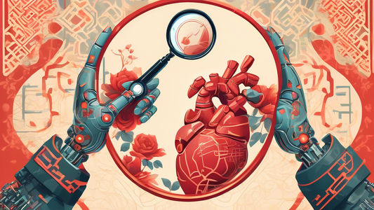 Create a symbolic image showing a robotic hand delicately holding a human heart, with traditional Chinese patterns in the background, under a magnifying glass held by another robotic hand. The setting is a futuristic lab with soft, ambient lighting.