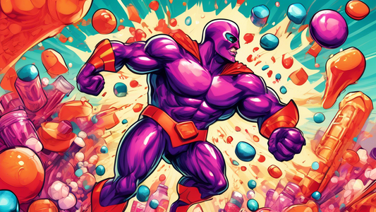 An imaginative superhero named Sugar Defender, depicted in a vibrant comic-book style, defending a human body fortress from attacking sugar molecules with supplements as weapons, all set in a dynamic health-themed landscape.