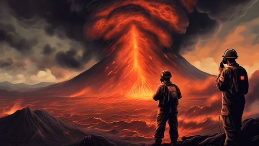 A brave radio operator sending a distress signal with an ominous, massive volcanic eruption in the background, illustrating his last moments before being enveloped by ash clouds.