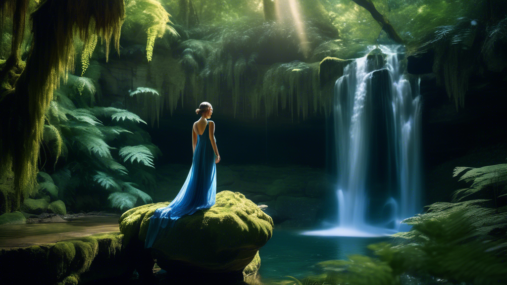 A serene scene featuring a lady in an elegant blue dress, standing on a rocky outcrop, gazing with awe at a majestic waterfall cascading down into a clear, sparkling pool, surrounded by lush, verdant 