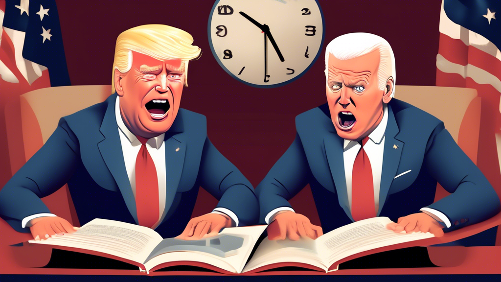 An animated image of President Joe Biden and former President Donald Trump sitting on opposite sides of a large book titled '2024 Agendas', both yawning and looking disinterested, with a clock showing 2024 in the background.