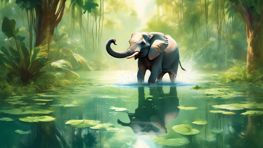 A playful elephant joyfully splashing in a large, sunlit pond surrounded by lush green jungle.