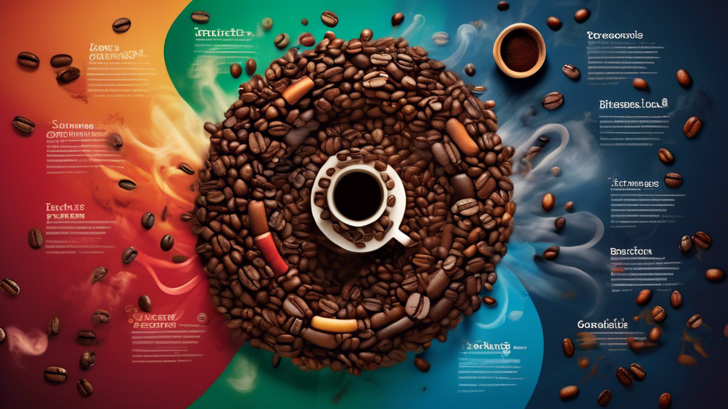 A swirling, colorful cycle diagram made of coffee beans and steam, with stages from bean to cup.