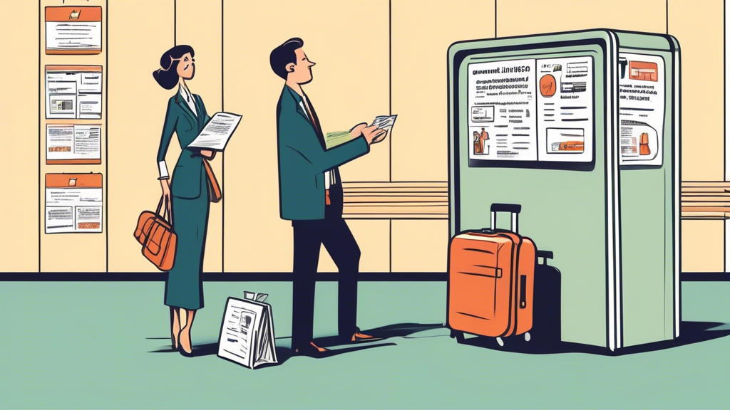 A cartoon illustration of a frustrated traveler standing at a cancelled flight information board, surrounded by luggage, while a helpful airline representative hands them a pamphlet titled 'Know Your Rights & Entitlements'