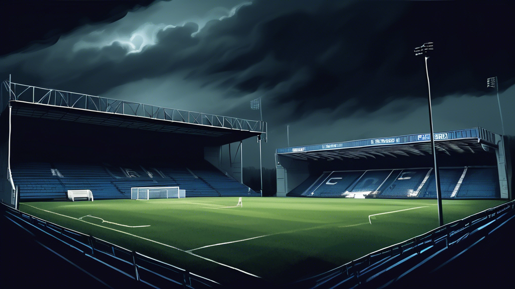 Depicts a moody and atmospheric football stadium under dark, stormy skies, with the Farsley Celtic FC logo looming large and ghostly over the scene, reflecting a sense of uncertainty and suspense.