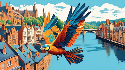 A majestic bird with vibrant plumage soaring freely over the quaint town of Shrewsbury, England, with historic buildings and the River Severn in the background, under a bright blue sky.