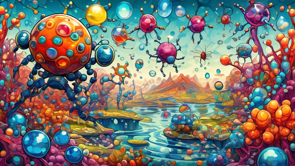 Anthropomorphic cartoon water molecules wearing explorer outfits, trekking through a vibrant landscape of cellular structures and giant proteins.