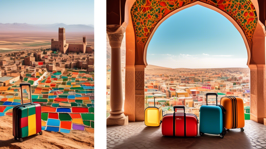 A split image showing the landscape of Morocco and Belgium with luggage in the foreground
