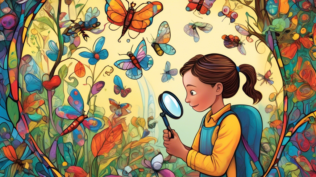 A children's book author looks through a magnifying glass at colorful and whimsical characters coming to life from a book.