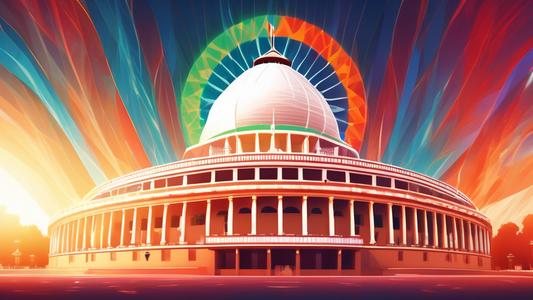 A majestic Indian Parliament building standing tall on a sunny day with holographic beams of light in the colors of the Indian flag radiating out to the globe, symbolizing democracy.