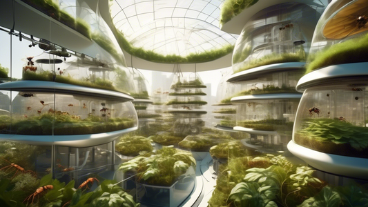 An advanced, futuristic sustainable ant farm ecosystem with solar panels, green roofs, and vertical farming structures, bustling with activity under a clear dome.