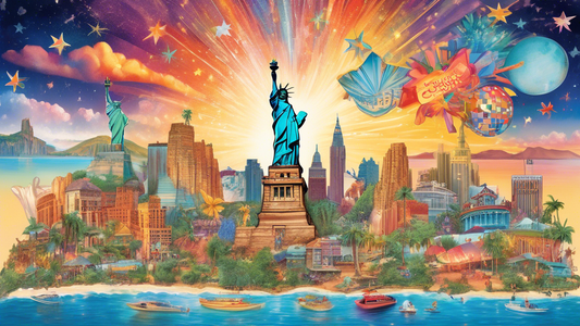 A vibrant, artistic collage featuring the Statue of Liberty, Grand Canyon, Disney World, and Waikiki Beach under a glittering, star-filled sky, showcasing the diversity of popular US vacation locations.